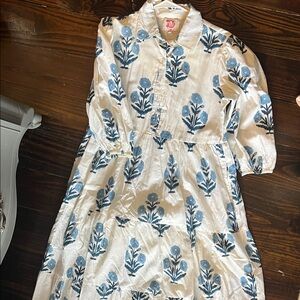 Victoria Dunn Block Print Floral Blue and White Dress